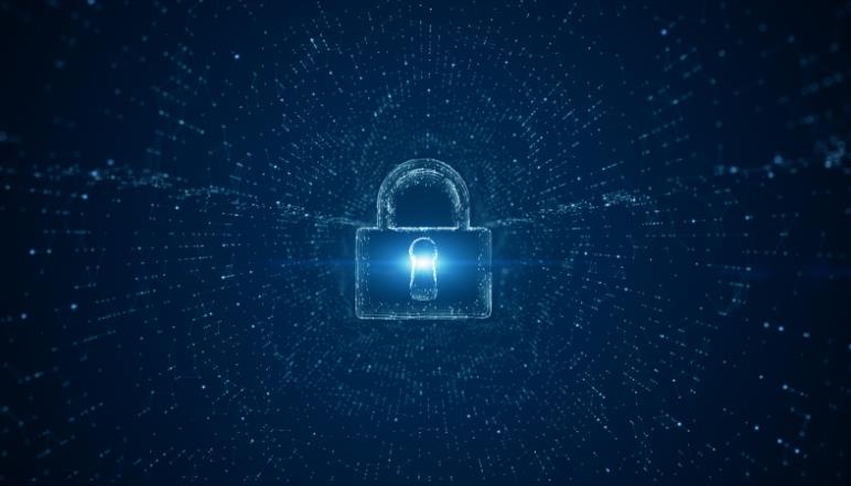 Conceptual cybersecurity illustration featuring a glowing digital lock over a blue network, representing data protection, secure systems, and network security.